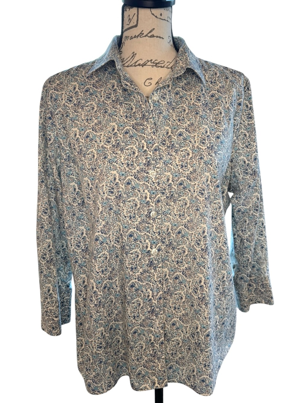 Lands' End Blue Paisley Button-Up Blouse